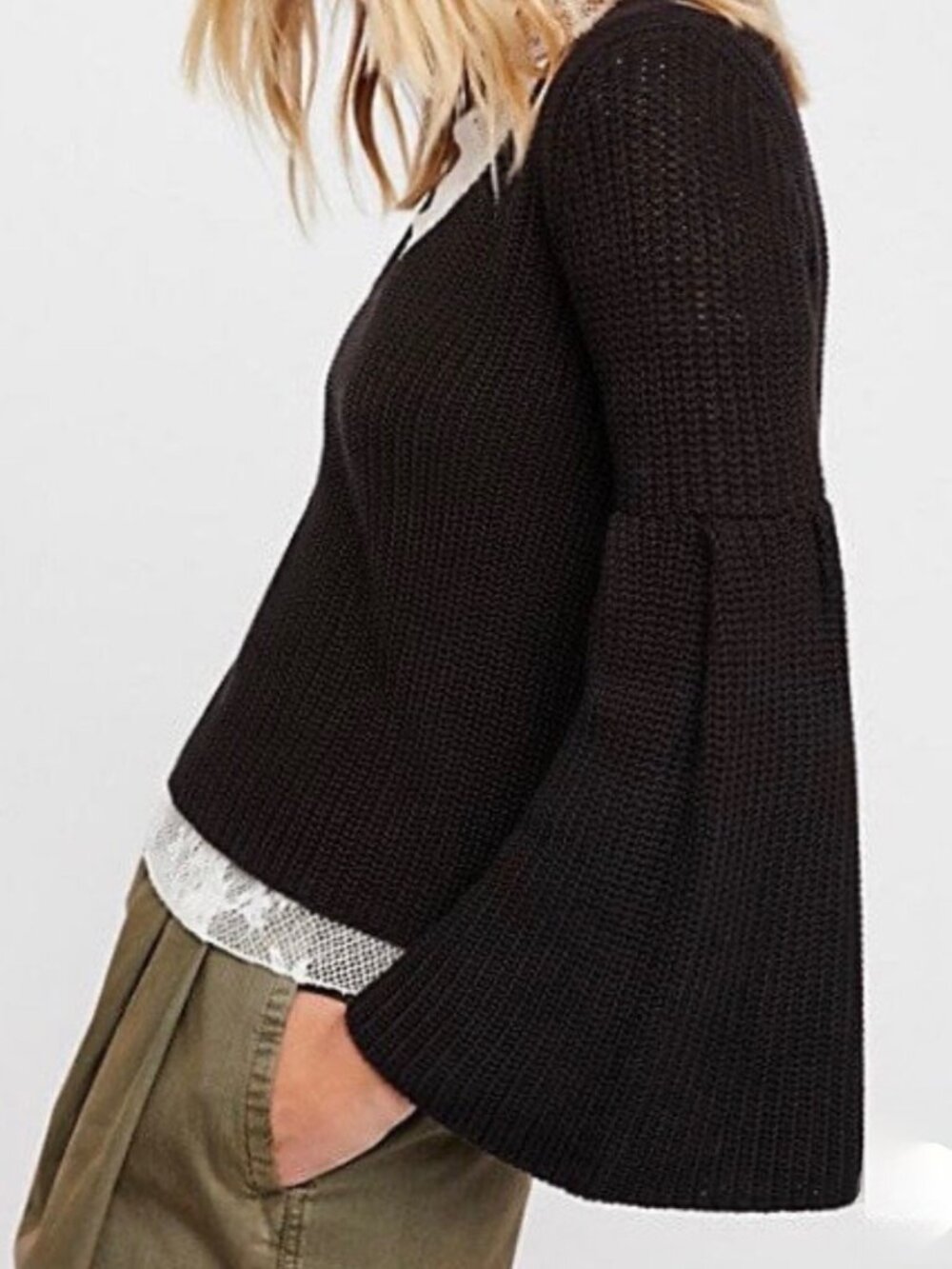 Free People Damsel Black Bell Sleeve Sweater M Deep V Gothic Witchy